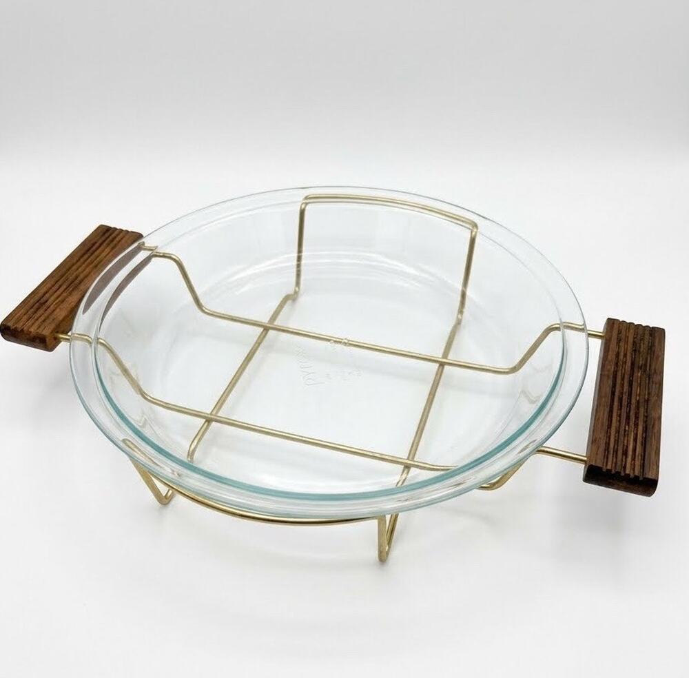 Pyrex Gold Tone Metal Stand Wooden Handles Cradle 8 Inch Holder Vintage